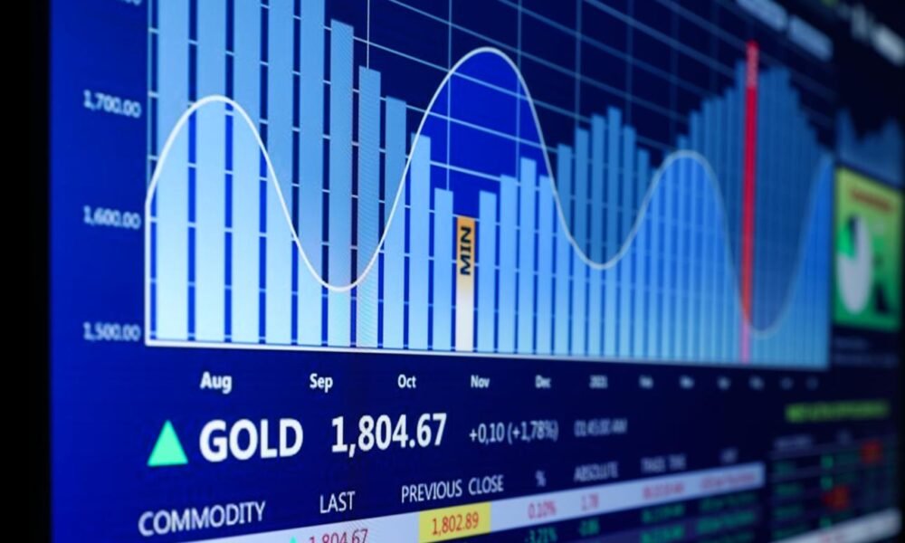 Gold investment and financial market trends visual showing commodity and trading data.