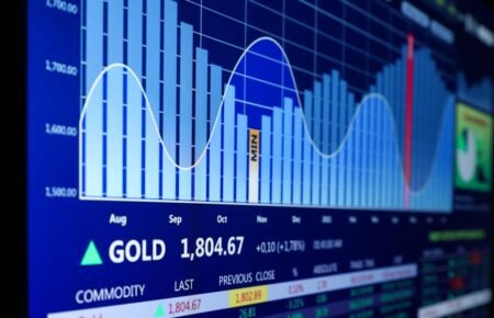 Gold investment and financial market trends visual showing commodity and trading data.