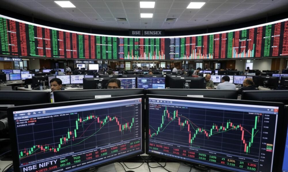 Trading screen showing Indian stock market data and equity indices.