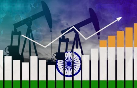 Oil refinery and energy market trading visuals linked to stock market activity in India.
