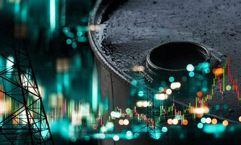 Crude oil market dashboard and energy sector trading visuals linked to investor activity.