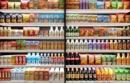 FMCG products displayed in a retail store in India.