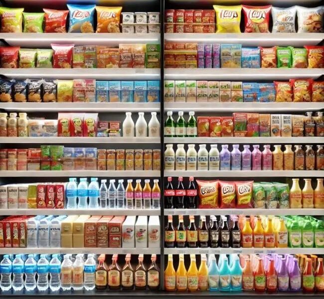 FMCG products displayed in a retail store in India.