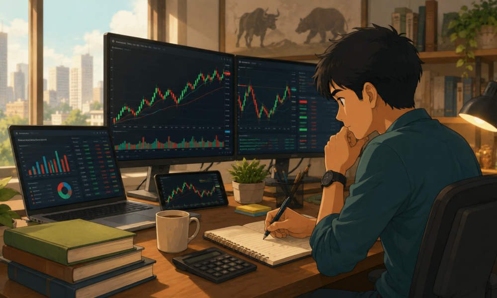 Investor analysing stock market charts on multiple screens representing margin trading in India's equity market.