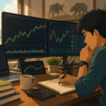 Investor analysing stock market charts on multiple screens representing margin trading in India's equity market.