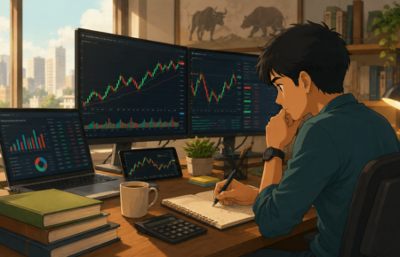Investor analysing stock market charts on multiple screens representing margin trading in India's equity market.