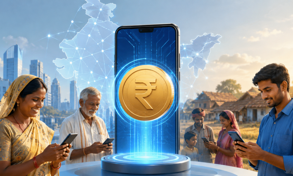Conceptual image of India's digital rupee displayed on a smartphone with people using mobile payments across urban and rural India, representing CBDC-based welfare payment expansion and fintech innovation.