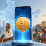 Conceptual image of India's digital rupee displayed on a smartphone with people using mobile payments across urban and rural India, representing CBDC-based welfare payment expansion and fintech innovation.