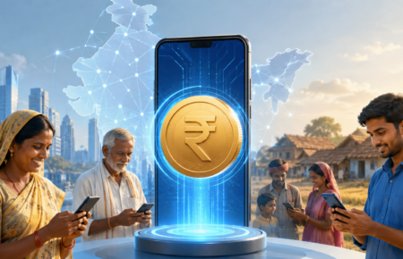 Conceptual image of India's digital rupee displayed on a smartphone with people using mobile payments across urban and rural India, representing CBDC-based welfare payment expansion and fintech innovation.