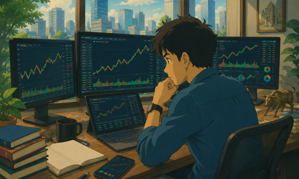Retail investors analysing stock market charts with digital trading screens and upward financial graphs representing margin trading growth.