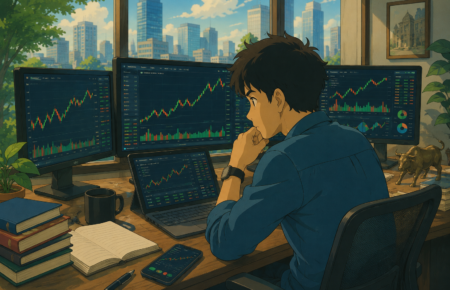 Retail investors analysing stock market charts with digital trading screens and upward financial graphs representing margin trading growth.