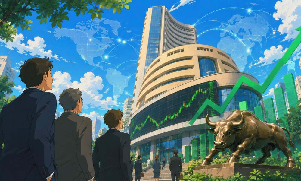Illustration of international investors directing capital into the Indian stock market with rising financial charts and the Bombay Stock Exchange skyline.