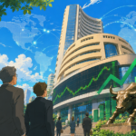 Illustration of international investors directing capital into the Indian stock market with rising financial charts and the Bombay Stock Exchange skyline.