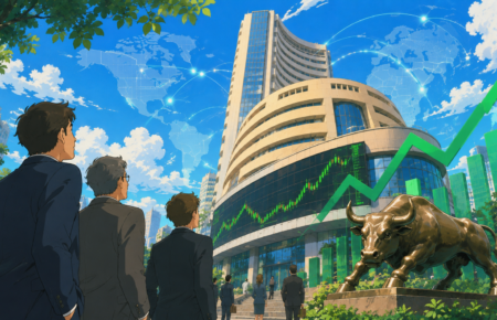 Illustration of international investors directing capital into the Indian stock market with rising financial charts and the Bombay Stock Exchange skyline.