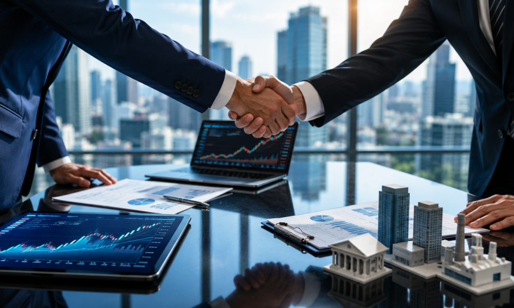 Modern business professionals shaking hands in a corporate boardroom with financial charts displayed on digital screens.