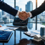 Modern business professionals shaking hands in a corporate boardroom with financial charts displayed on digital screens.