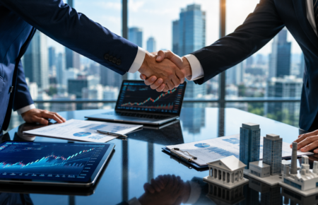 Modern business professionals shaking hands in a corporate boardroom with financial charts displayed on digital screens.