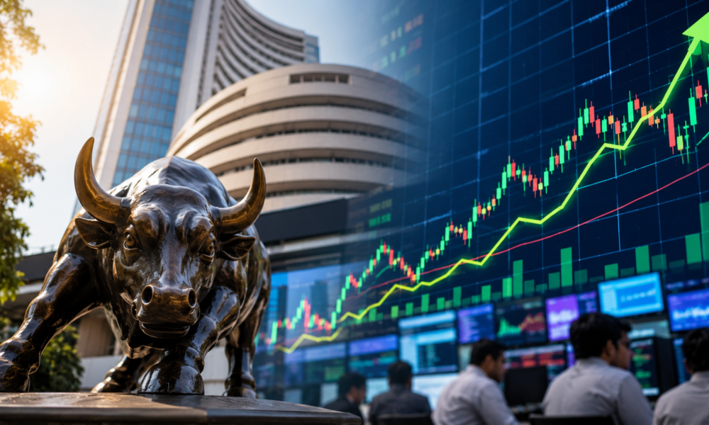 Digital stock market dashboard displaying rising charts with traders monitoring Indian equity markets.