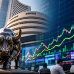 Digital stock market dashboard displaying rising charts with traders monitoring Indian equity markets.