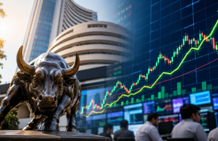 Digital stock market dashboard displaying rising charts with traders monitoring Indian equity markets.
