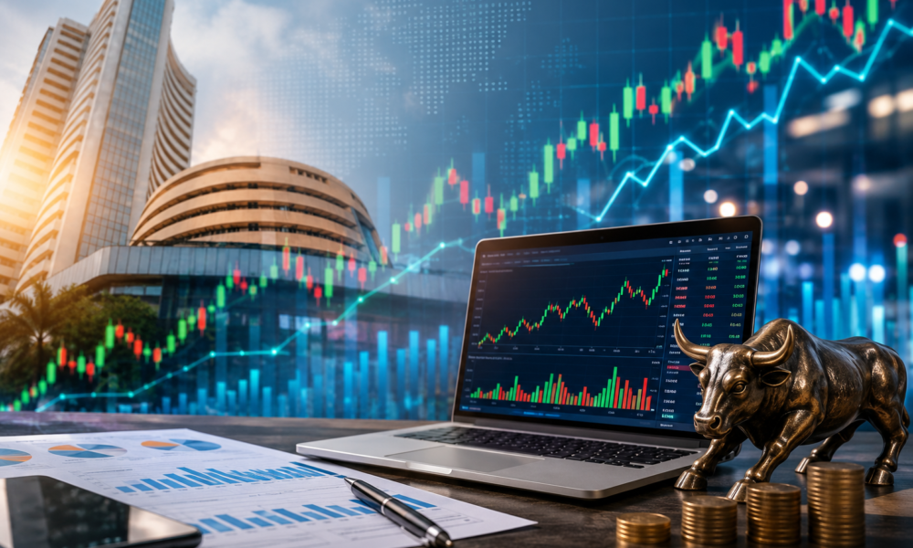 Business professionals analysing stock market charts with financial district buildings in the background.