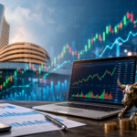 Business professionals analysing stock market charts with financial district buildings in the background.