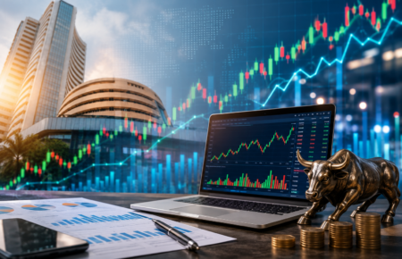 Business professionals analysing stock market charts with financial district buildings in the background.