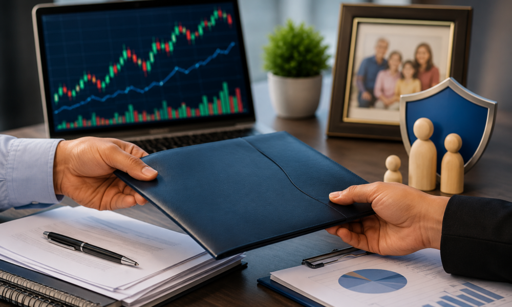 Investor reviewing stock market documents with digital investment charts and financial paperwork.