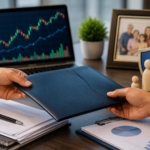 Investor reviewing stock market documents with digital investment charts and financial paperwork.