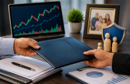 Investor reviewing stock market documents with digital investment charts and financial paperwork.