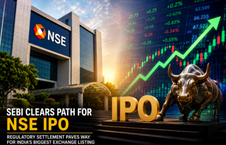 Exterior of the National Stock Exchange building with stock market charts representing India's capital markets.