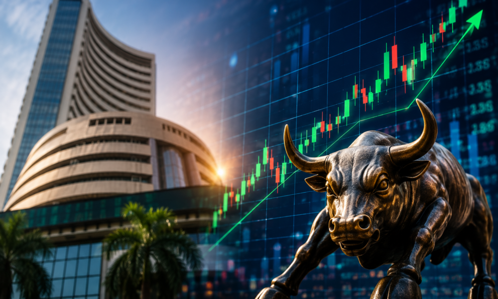 Digital stock market display showing rising Sensex and Nifty charts with bullish financial market indicators.