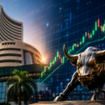 Digital stock market display showing rising Sensex and Nifty charts with bullish financial market indicators.