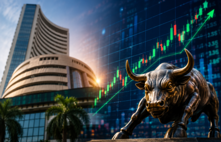 Digital stock market display showing rising Sensex and Nifty charts with bullish financial market indicators.