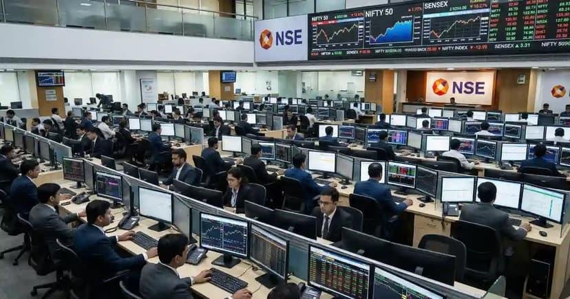 Investors monitoring stock market data on trading screens at an Indian stock exchange.