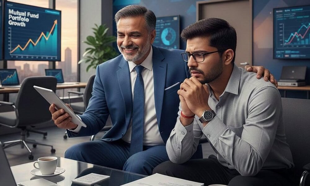 Investors reviewing mutual fund investment performance with a financial advisor.