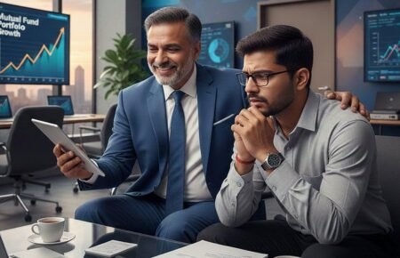 Investors reviewing mutual fund investment performance with a financial advisor.