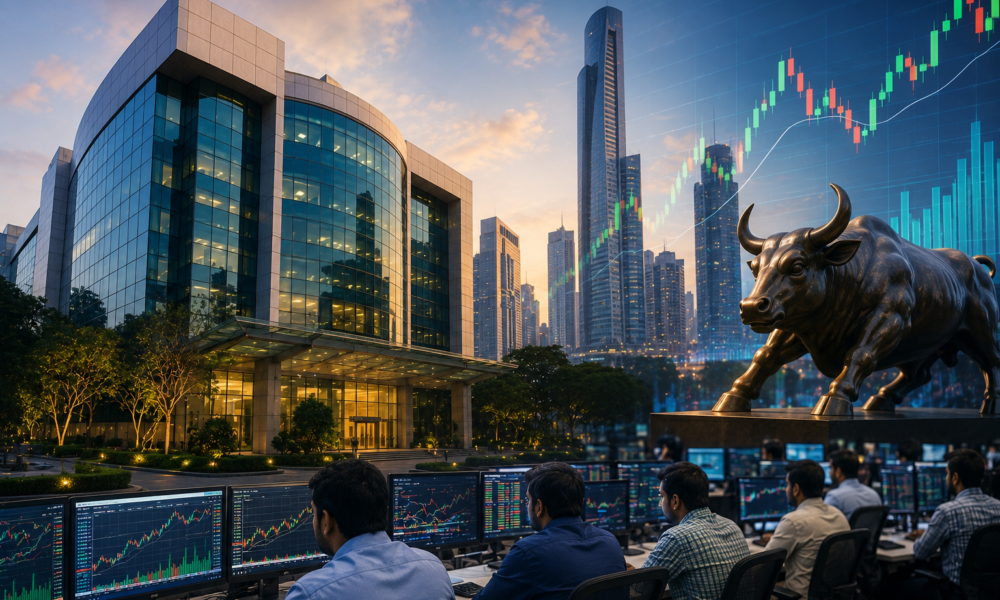 National Stock Exchange building and stock market screens representing NSE's proposed IPO