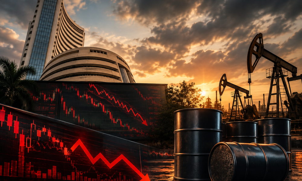 Indian stock market screens showing falling Sensex and Nifty as crude oil prices approach $90