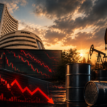 Indian stock market screens showing falling Sensex and Nifty as crude oil prices approach $90