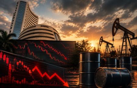 Indian stock market screens showing falling Sensex and Nifty as crude oil prices approach $90