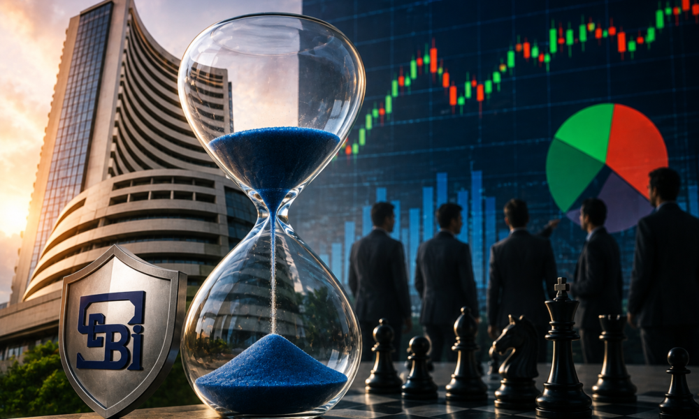 Stock market closing auction showing traders and Indian market charts