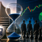 Stock market closing auction showing traders and Indian market charts