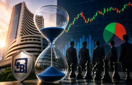 Stock market closing auction showing traders and Indian market charts