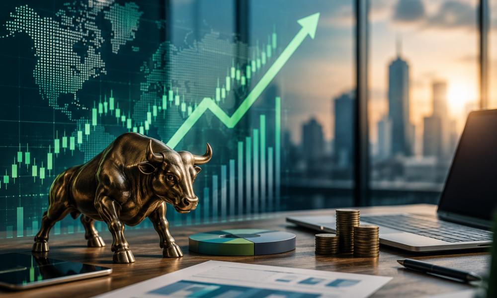 An investor analysing stock market charts on multiple digital screens showing rising market trends.