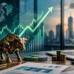 An investor analysing stock market charts on multiple digital screens showing rising market trends.