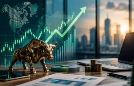 An investor analysing stock market charts on multiple digital screens showing rising market trends.