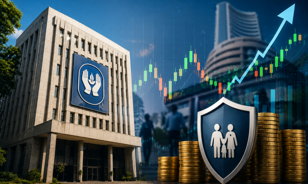 Life Insurance Corporation building with stock market charts and investors representing the government's planned stake sale.