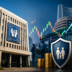 Life Insurance Corporation building with stock market charts and investors representing the government's planned stake sale.