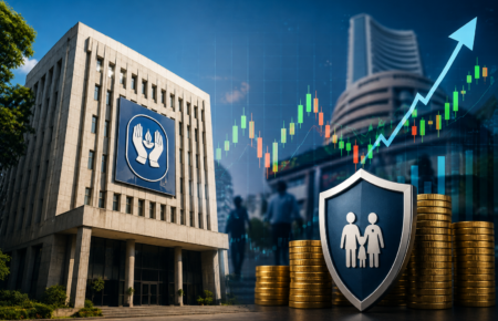 Life Insurance Corporation building with stock market charts and investors representing the government's planned stake sale.